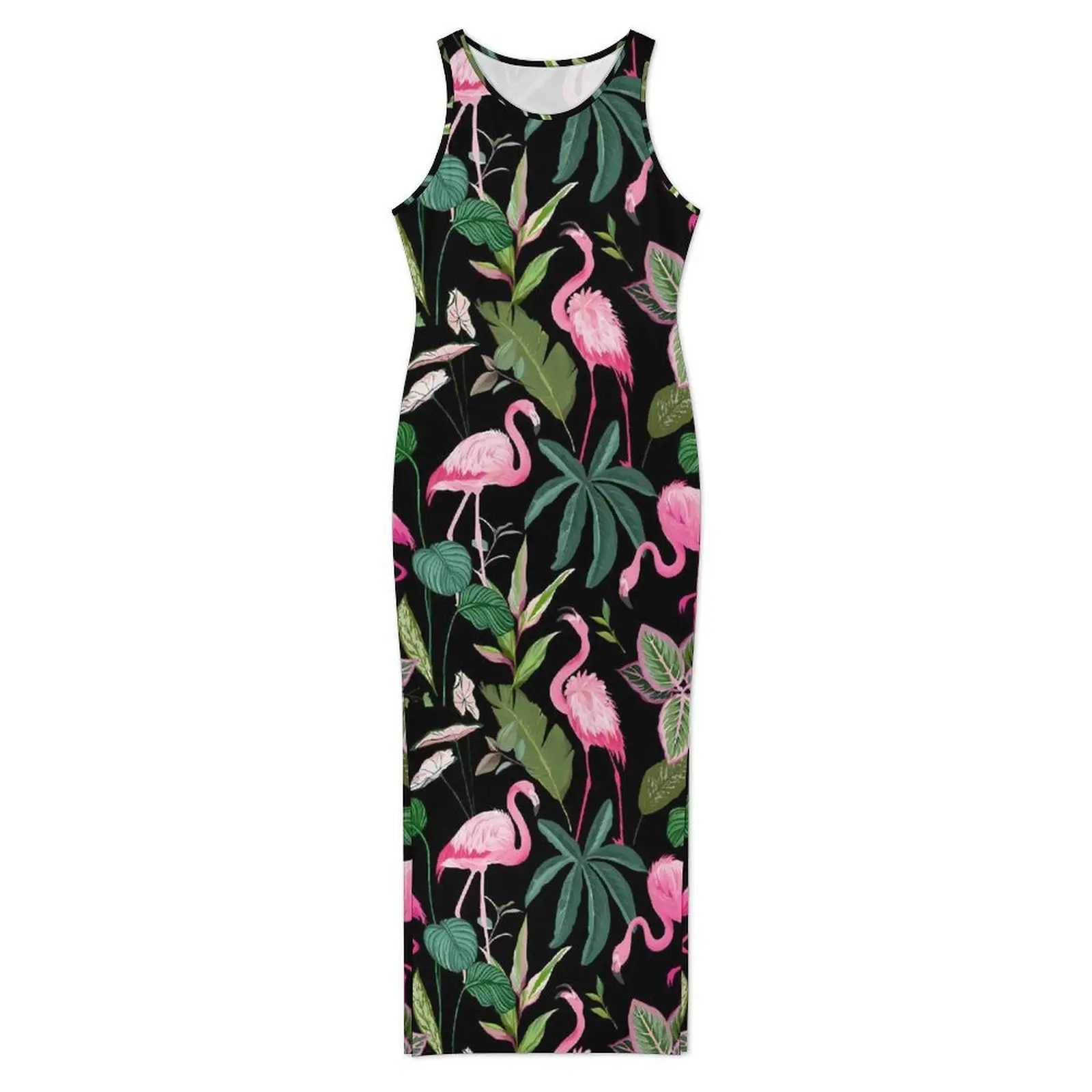 レディーストロピカルバードドレスピンクフラミンゴストリートファッションボディコンドレス春ノースリーブレトロマキシドレスビッグサイズの服