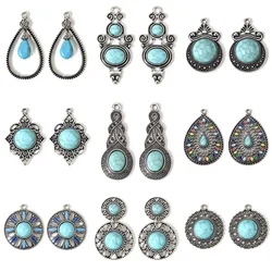 5pcs Bohemian Charms Antique Silver Color Green Blue With Resin Cabochons Imitation Turquoise Pendants DIY Necklace Jewelry Gift