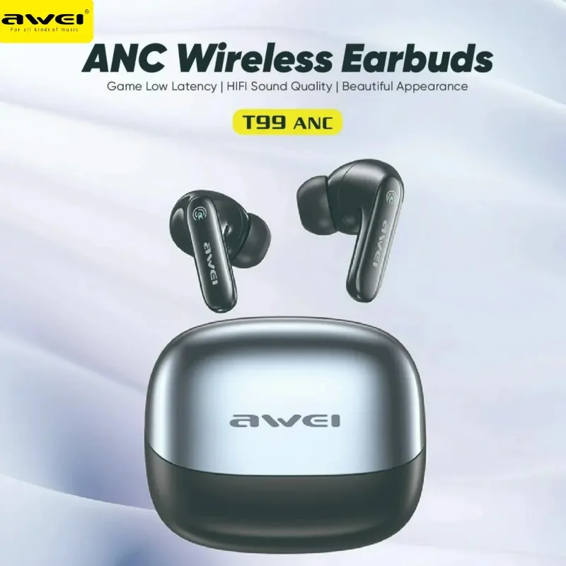 Auriculares Deportivos Awei T99 con ANC -35dB, Impermeables, Inalámbricos, Intrauriculares, TWS, Bluetooth 6.0, 22H para Juegos, Llamadas y Música, IPX6