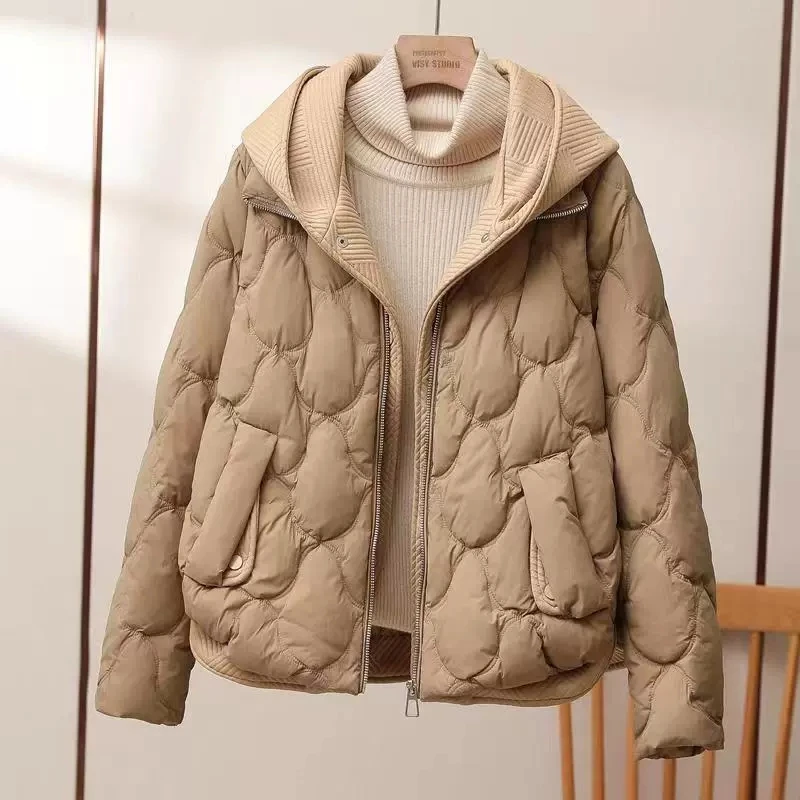 Inverno com capuz jaqueta de algodão feminino curto falso de duas peças para baixo jaqueta de algodão feminino solto engrossar casaco de algodão novas mulheres parkas