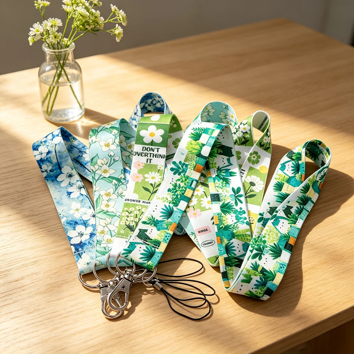 Spring Fresh Green Floral Strap Keychain Set Lanyard For Cars Motorcycles Key Anti-Lost Rope Fahion Accessories Gift for Friend