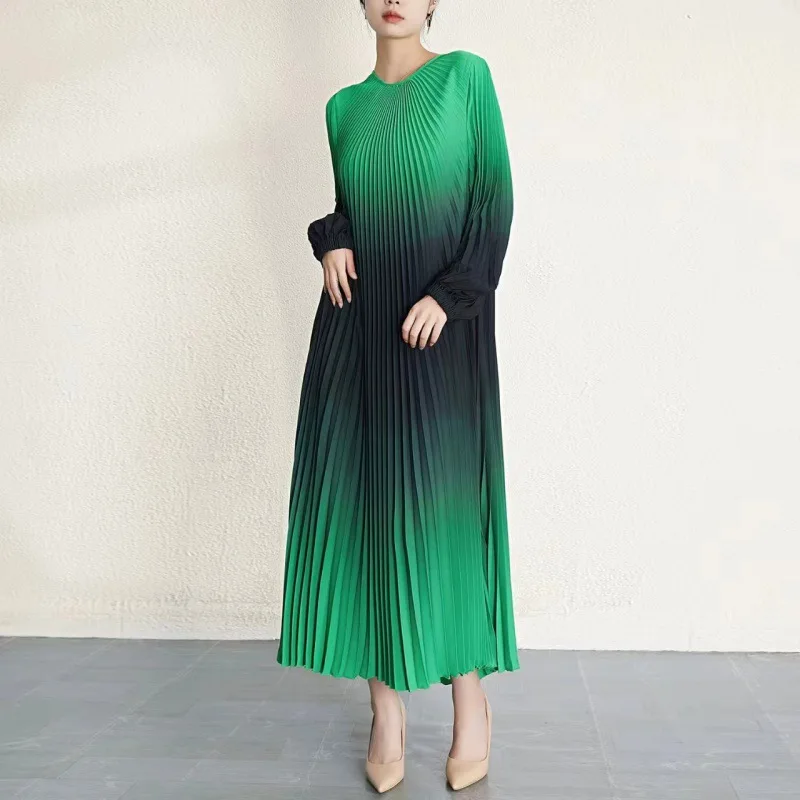 

Pleated Fashion Gradient Dress Women Spring Summer New 2024 Elastic Waist Full Sleeve Loose Elegant Party Clothes Pleated Fashi