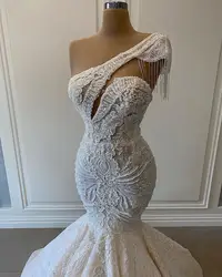 Luxurious Lace Beaded Wedding Dresses One Shoulder Mermaid Bridal Gowns Crystal Beads Sequin Sweep Train Robe De Mariee