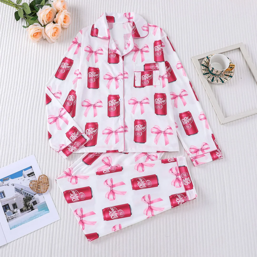 

Женская пижама с принтом колы, белые и красные шорты с лацканами и короткими рукавами, одежда для дома, кардиган, комплект домашней одежды, рождественские подарки