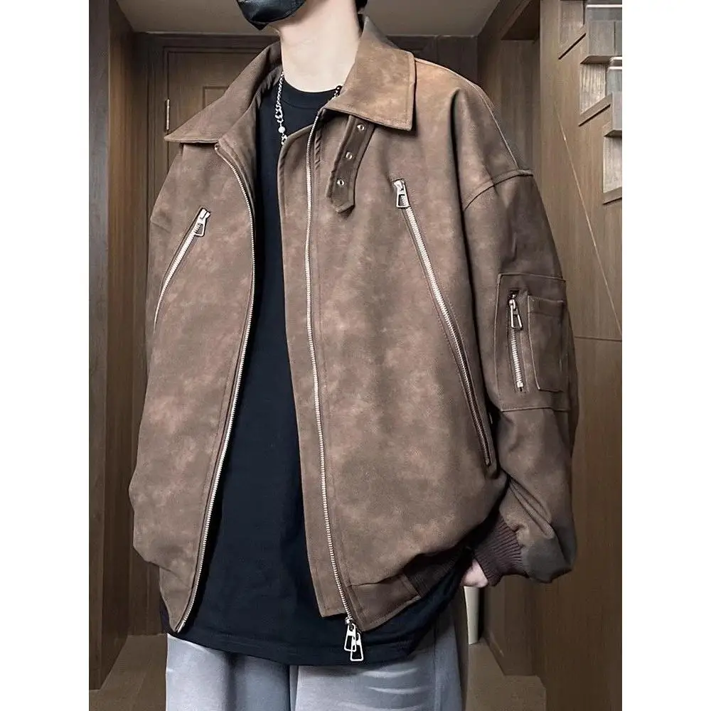 

Men's Loose Leather Jaet Waterproof Motorcycle Wear Spring Casual Sle American Retro PU Coat Youth Thiened Zipper Closure