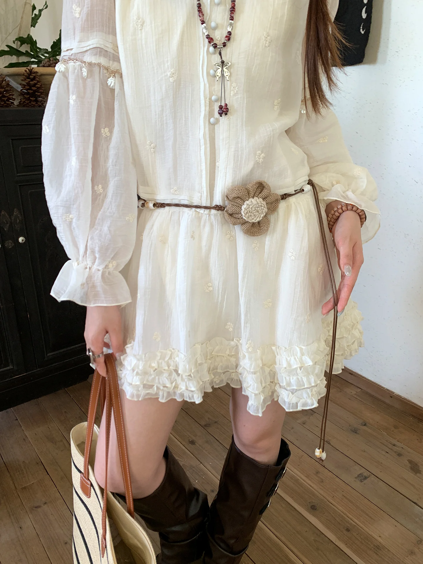 Vintage Ethnic Style Handmade Woven Flower Beaded Waist Rope Women's Bohemian Style Belt Matching Dress
