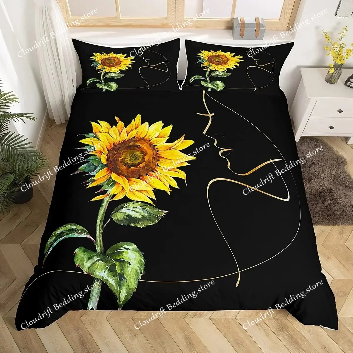 Yellow Flower Duvet Cover Set Sunflower Bedclothes Sunflower Fields with Sunset Printed Botanical Flowers Polyester Bedding Set