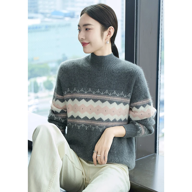 

Half High Collar 100%Merino Wool Sweater Women Thickening French Fashion High-Quality And Elegant Pullover Knit Jumper