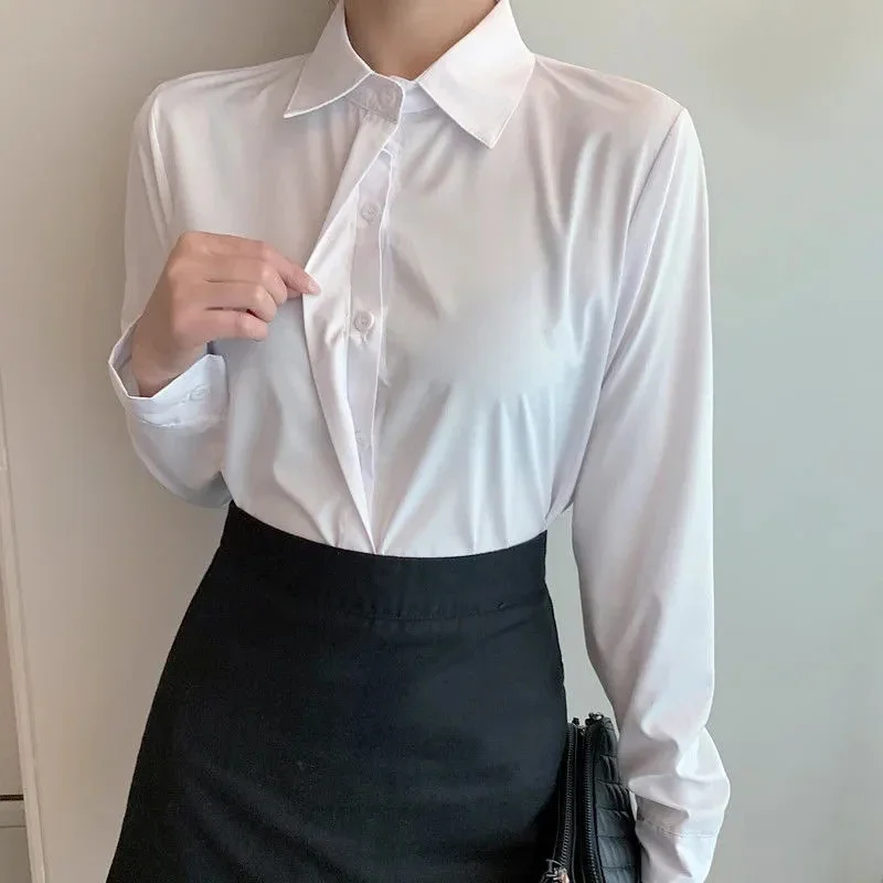 New Women's Shirts 2025 Summer Korean Style Black White Office Ladies Shirt Casual Long Sleeve Turndown Collar Career OL Blouses
