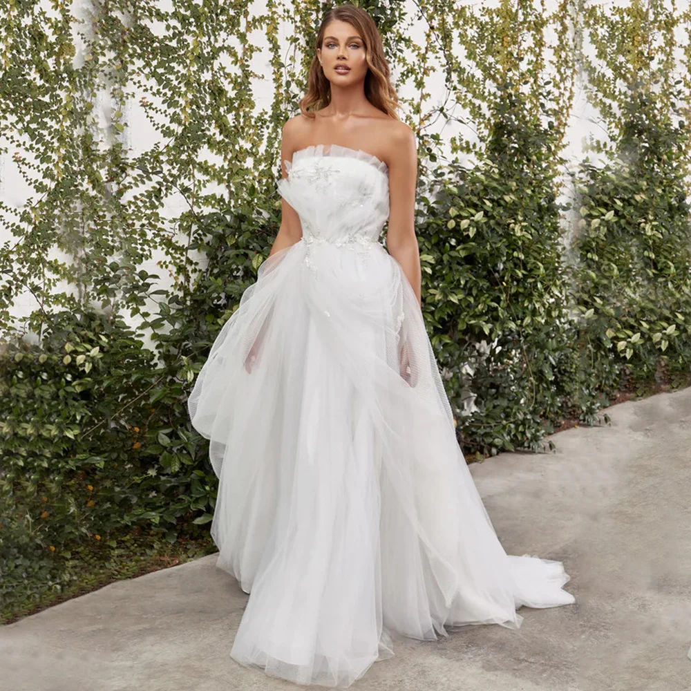 Top in tubo di Tulle morbido smerlato Appliques da sposa abito da sposa senza maniche senza schienale e abito da terra sposa su misura