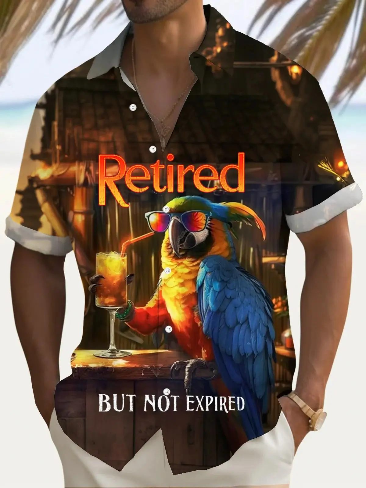 Men's Hawaiian Short Sleeve Shirt Parrot Sunset Palm Retired Slogan Print Novelty Casual Summer Beach Daily Top