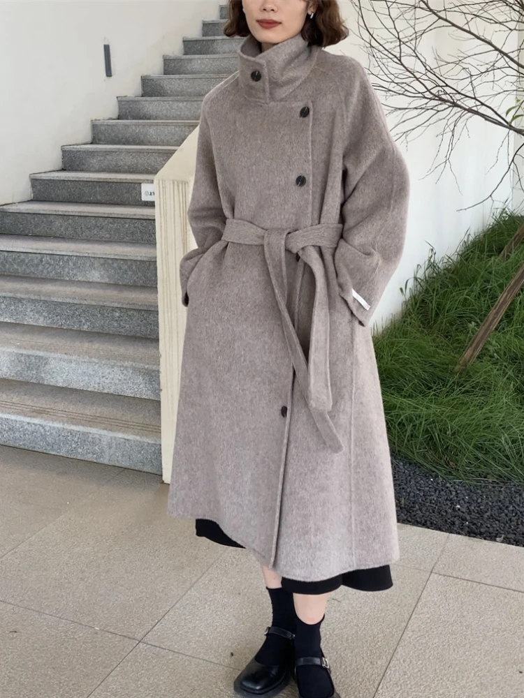 

New Women Cashmere Wool Coat Long Loose Lace-up Stand Collar Double-sided Single Breasted Woolen Coats Female Tide Autumn Winter