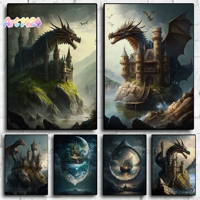A castle occupied by a dragon Fantastic Dreams and the Moon Canvas Painting Wall Art Picture Living Room Office Room Decor Gi