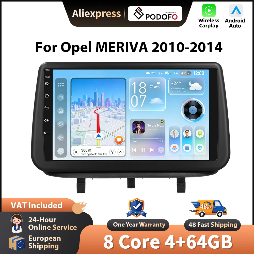 Podofo 9-Zoll-Autoradio für Opel MERIVA 2010-2014, kabelloses CarPlay, Android-Auto-Multimedia-Stereo, WIFI, GPS-Navigation, FM/RDS, BT, 2-DIN-Headunit, HD-EQ, Touchscreen, Mirrorlink,