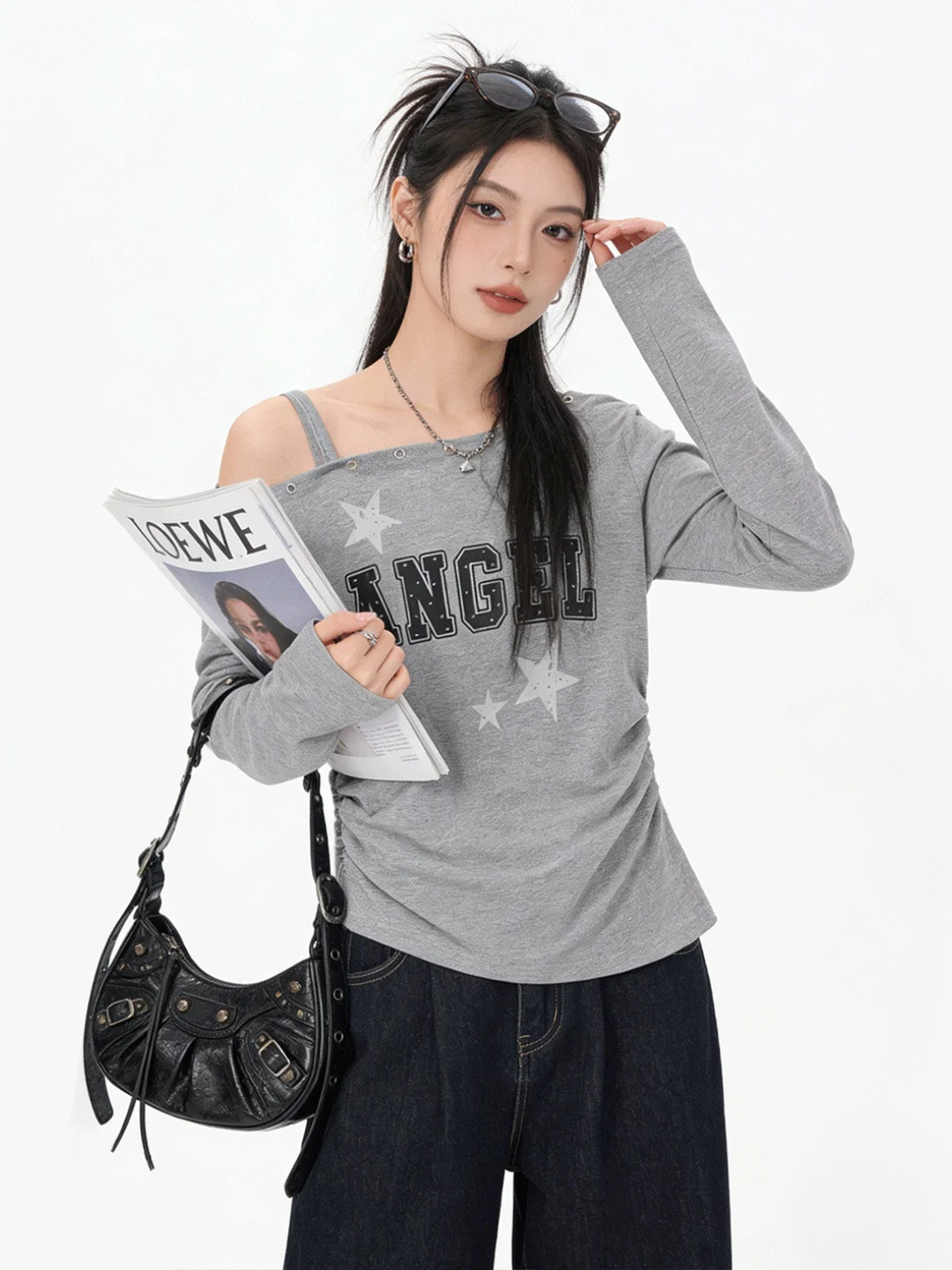 

Skin-Friendly Commuter Versatile oulder Print T-irt Spring ort Slimming Retro Base irt Casual Sle Stand Fit Long...