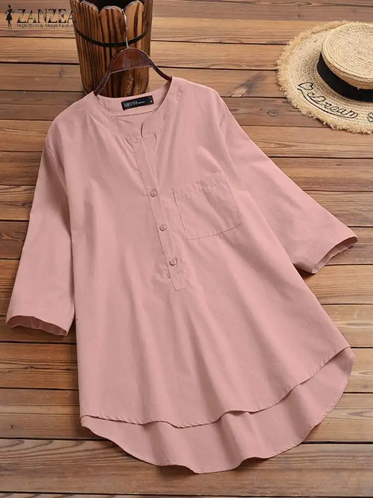 ZANZEA-Camisa de manga larga con cuello redondo para mujer, Blusa informal holgada, básica, de gran tamaño, con botones, 2024