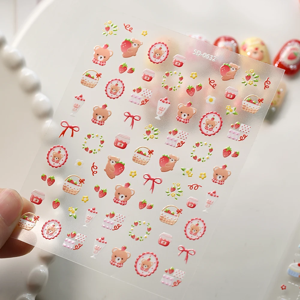 1sheet Cartoon Bear Cute Nail Stickers Strawberry Bow Wreath Lace Self-Adhesive Nail Decals Sliders Kawaii Bear Relief Manicure