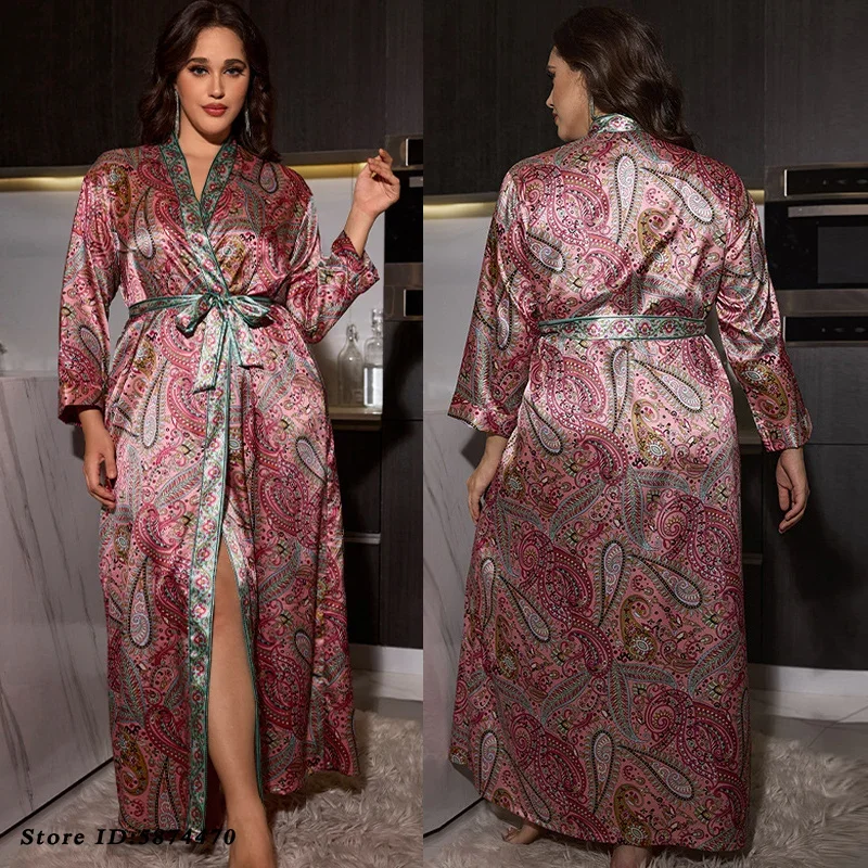 Female Sexy Kimono Bathrobe Gown Satin Nightgown Print Flower Long Robe Kimono Gown Sleepwear Loose Casual Homewear Loungewear