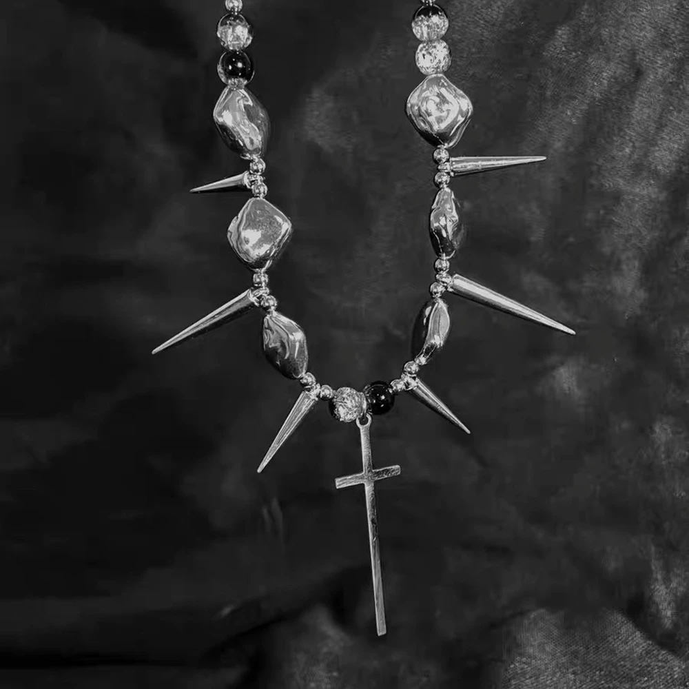 Retro Y2K Long Spike Rivet Necklace Stainless Steel Cross Hip Hop Necklace for Women Vintage Grunge Style Party Jewelry