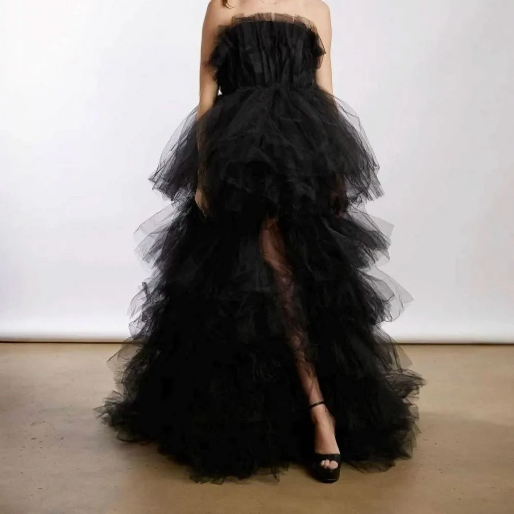 Vestidos femininos de tule preto com fenda alta, sem alças, camadas em camadas, vestido de festa de aniversário, maxi tutu, roupas femininas