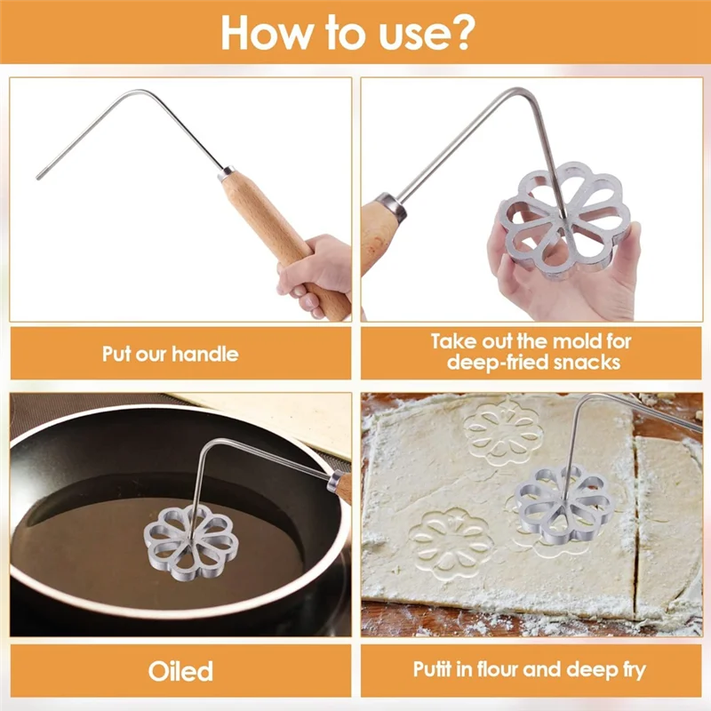 8 pièces Rosettes Timbale Kit Rosette fer ensemble avec poignée, fleur de Lotus Bunuelos Cookie Maker moule, entonnoir gâteau Maker Kit-AT64