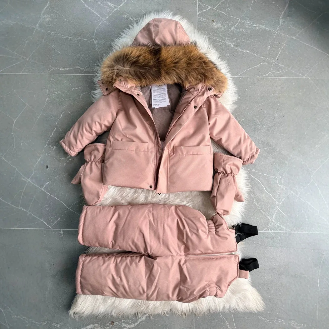 Kids Cotton Pants Set 2026 Winter New Solid Color Thickened Big Fur Collar Girls Coat Thickened and Fleece Warm Boys Ski Suit