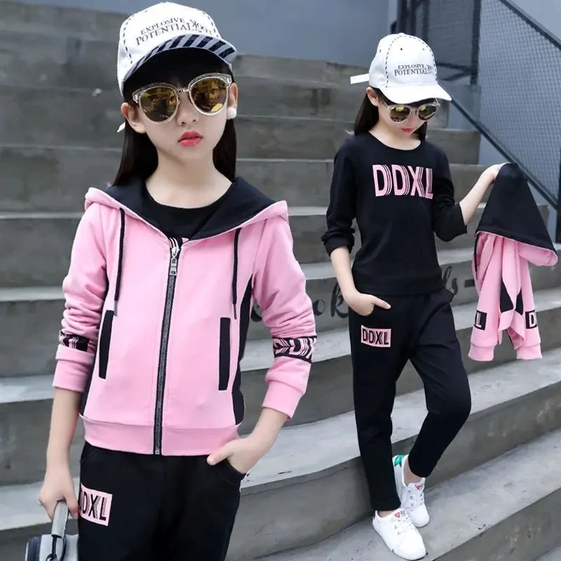 Girl Fashion Outfit 3Pcs Set Spring Autumn Toddler Girls Hooded Sweatshirt+T-shirt+Pants Student Tracksuit Boutique Girl Clothes