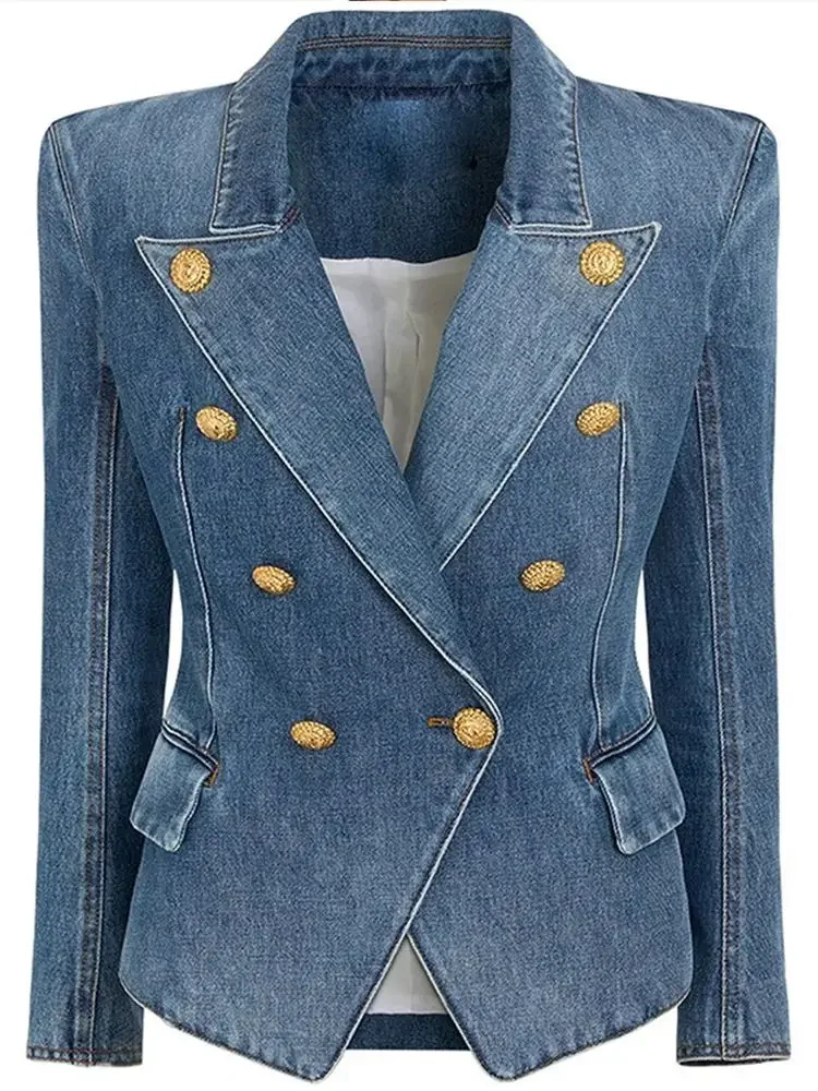 HIGH QUALITY Newest 2024 Designer Runway Blazer Women\'s Slim Fitting Double Breasted Lion Buttons Denim Jacket Mini Skirt