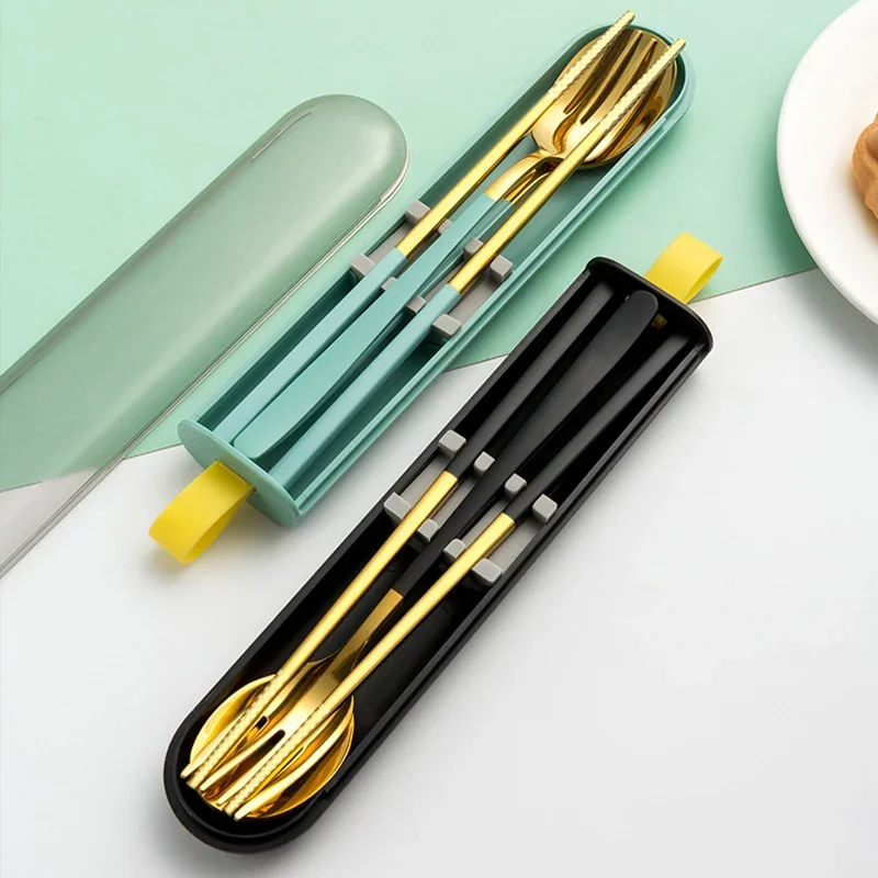 3Pcs Dinnerware Set Spoon Fork Chopsticks Cutlery with Box Portable 304 Stainless Steel Tableware for Travel Camping