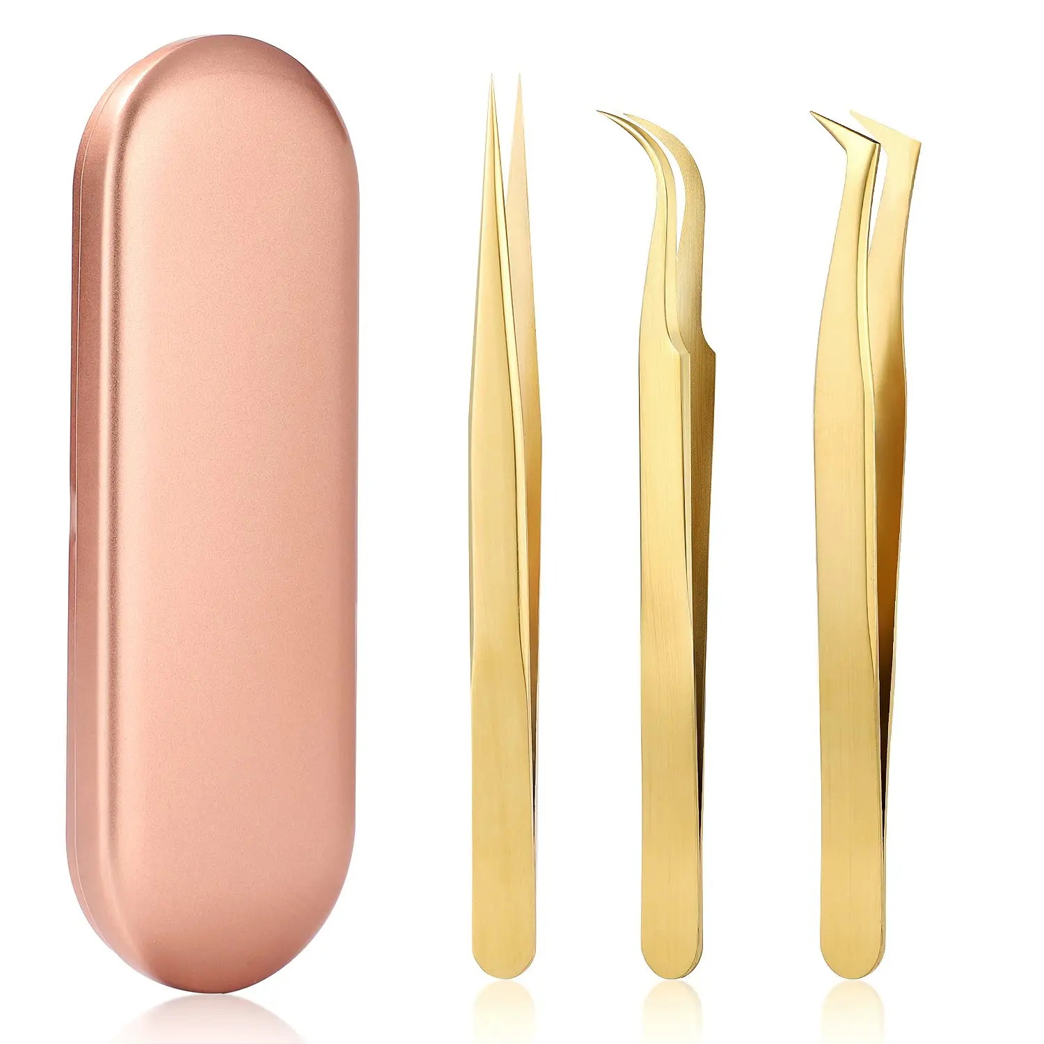 Conjunto de pinças de cílios de alta precisão - inclui 3 pinças de cílios de aço inoxidável para extensões de cílios individuais clássicas e de volume