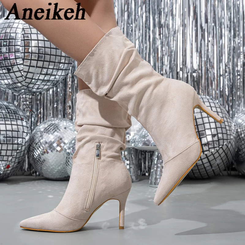 Aneikeh NEW Fashion Mid-Calf Boots Sexy Flock Sewing Pleated Pointed Toe Zippers for Thin High Heels Wedding Women Shoes Apricot