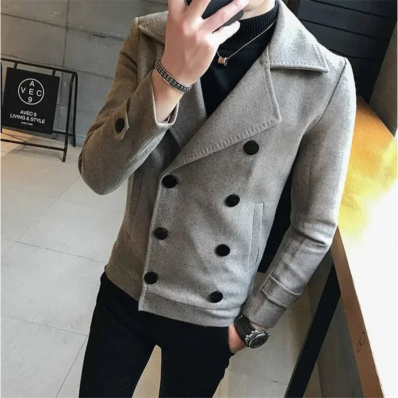 2023 New Fashion Men Double-Breasted Windbreaker Solid Color Slim Short Woolen Coat Winter Casual Warm Windbreaker Coat Size 5XL