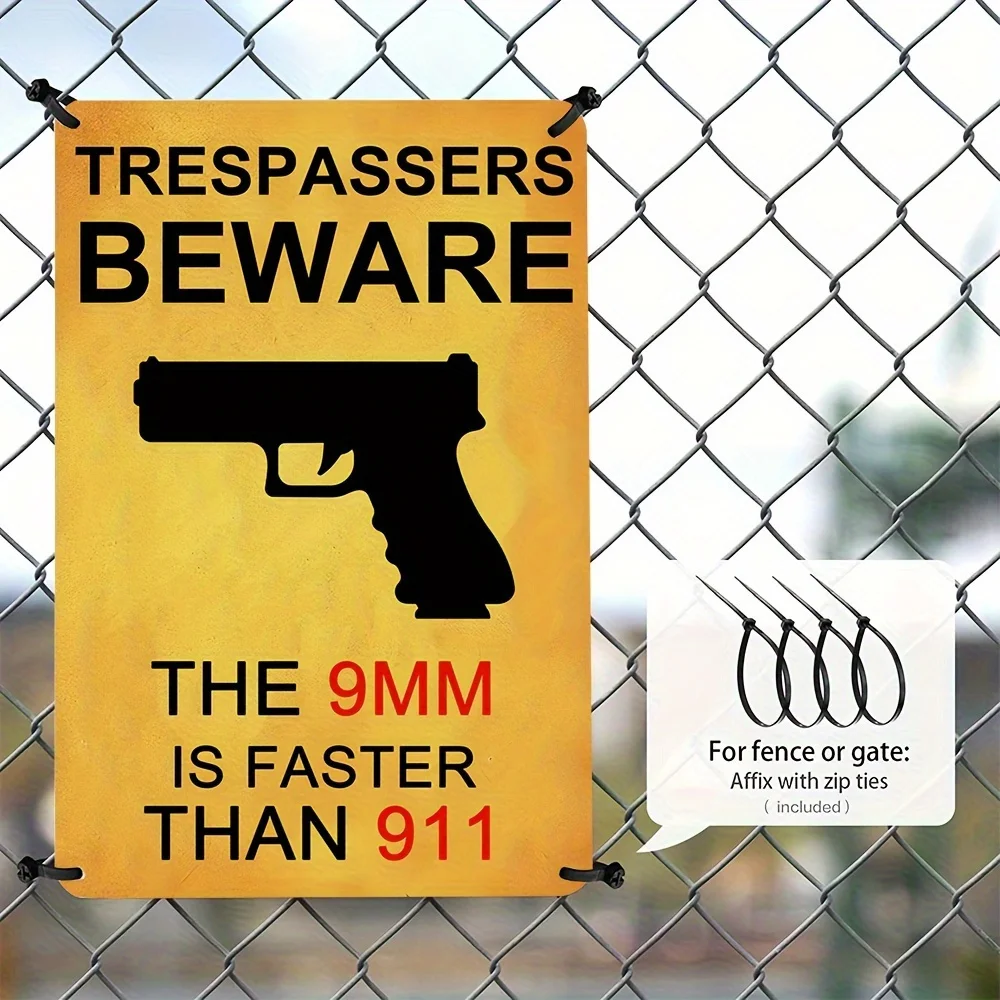 A Gun Sign Warning Metal Painting Plate, Trespassers Beware Mm Faster Than 11, Home Decoration Metal Sign, Wall Decoration Home