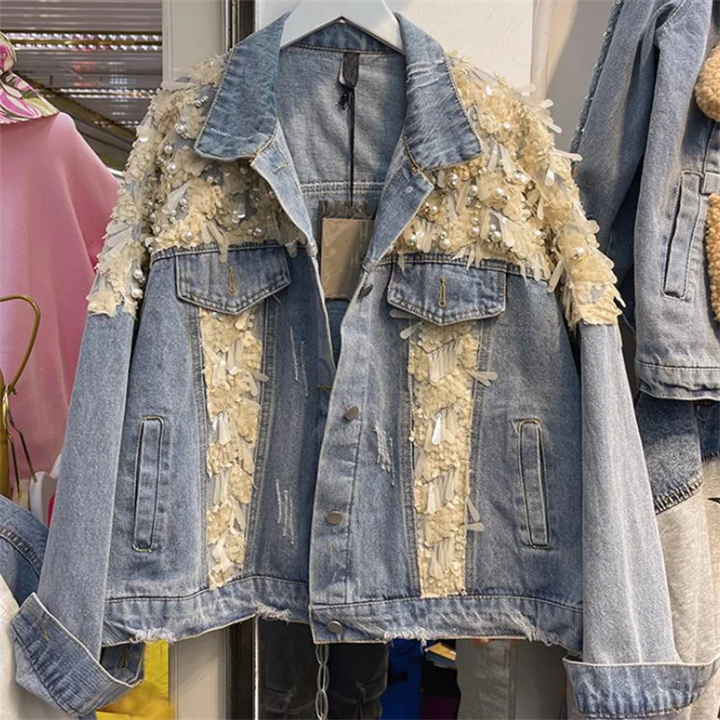 Diamond pearl sequined denim jacket women's 2023 spring new fashion loose casual top