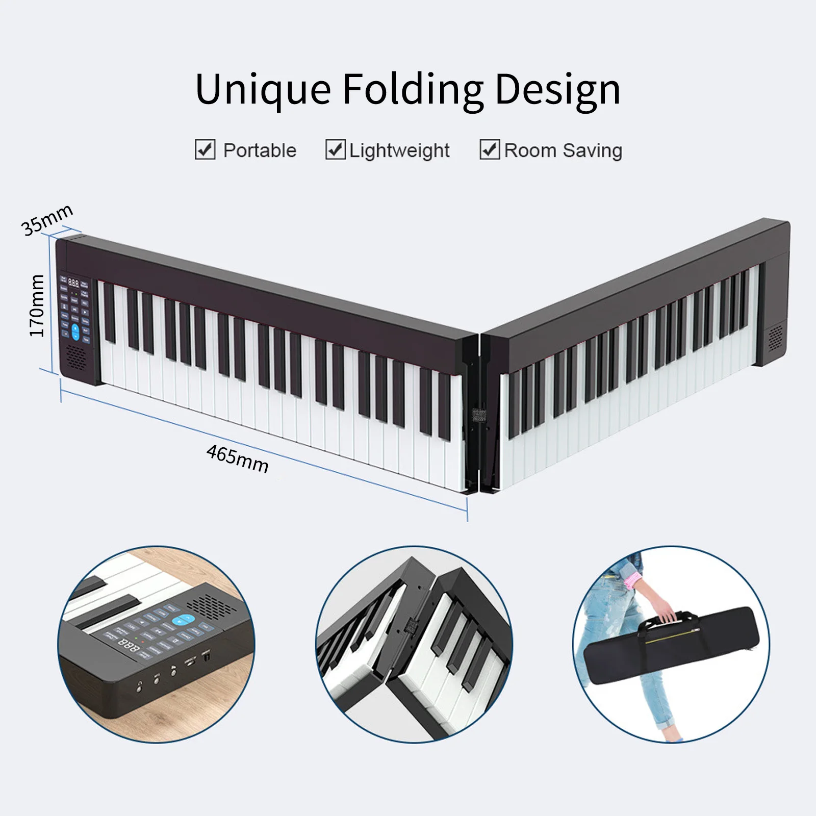 

61-Key Foldable Electronic Piano Folding 61 Keys Sensitive Piano Keyboard with Piano Bag/Sustain Pedal Rechargeable