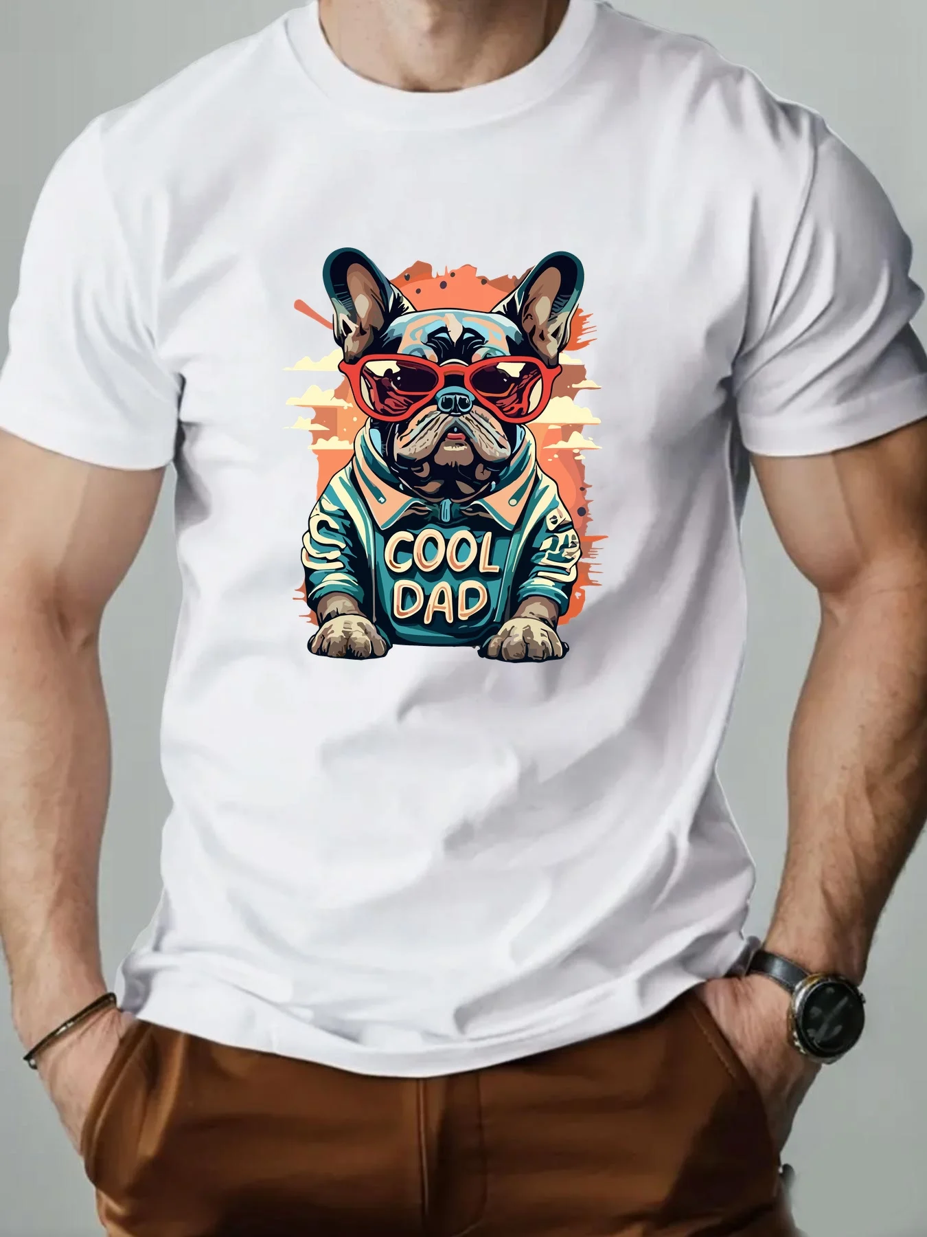 Cool Dad French Bulldog Print Men's T-shirt Funny Dog Lover Graphic Cotton Short Sleeve Tee Casual Tops