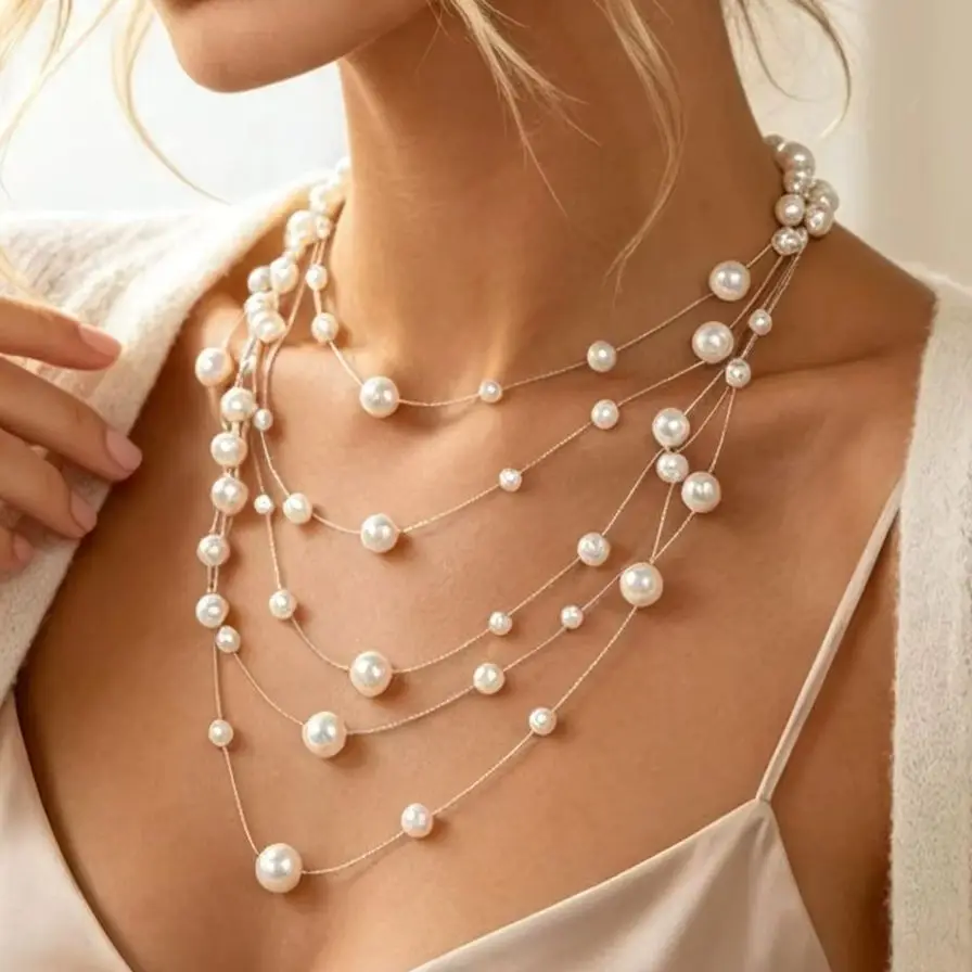 Multi-layer Floating Imitation Pearl Necklace Women Elegant Wedding Bridal Choker Invisible Wire Pearl Collar Neck Jewelry