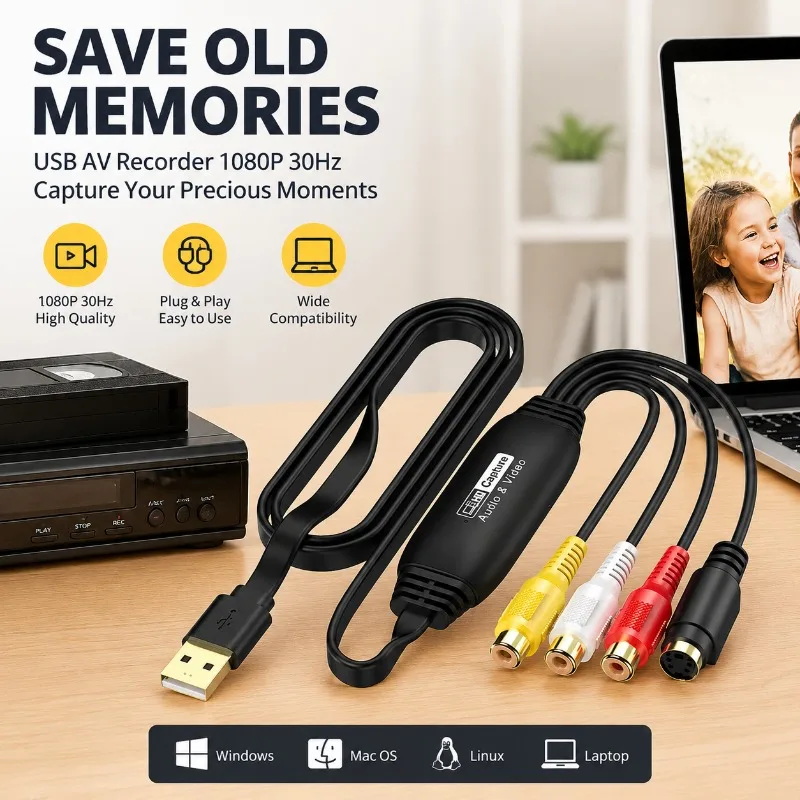 1080P Analog Video Capture Card with MS2107 Chip Dual CVBS S-Video Input USB2.0 Signal Grabber Convert Vintage VHS DVD Camera