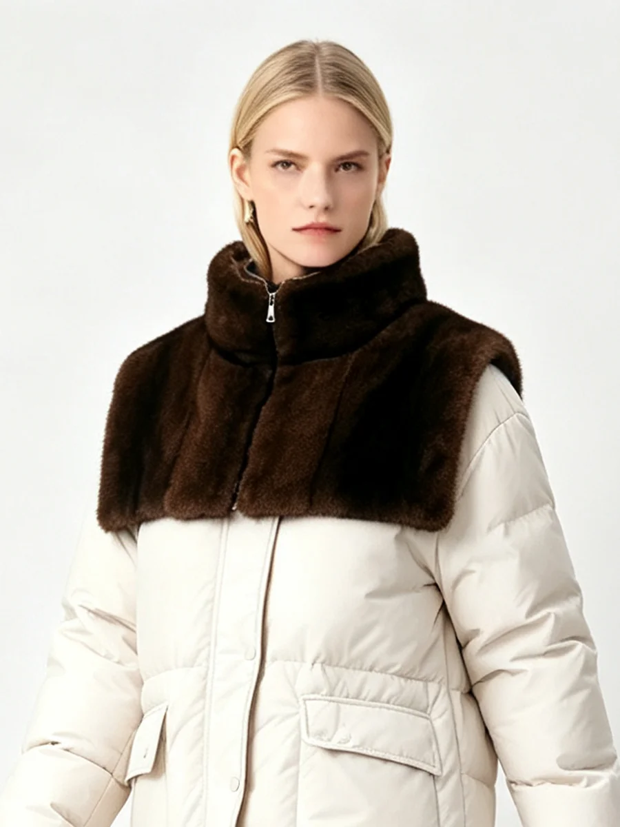 LIMO Women Dark Brown Faux Mink Fur Shoulder Cape Zipper Stand Collar Warm Winter Fur Shawl Wrap Outerwear