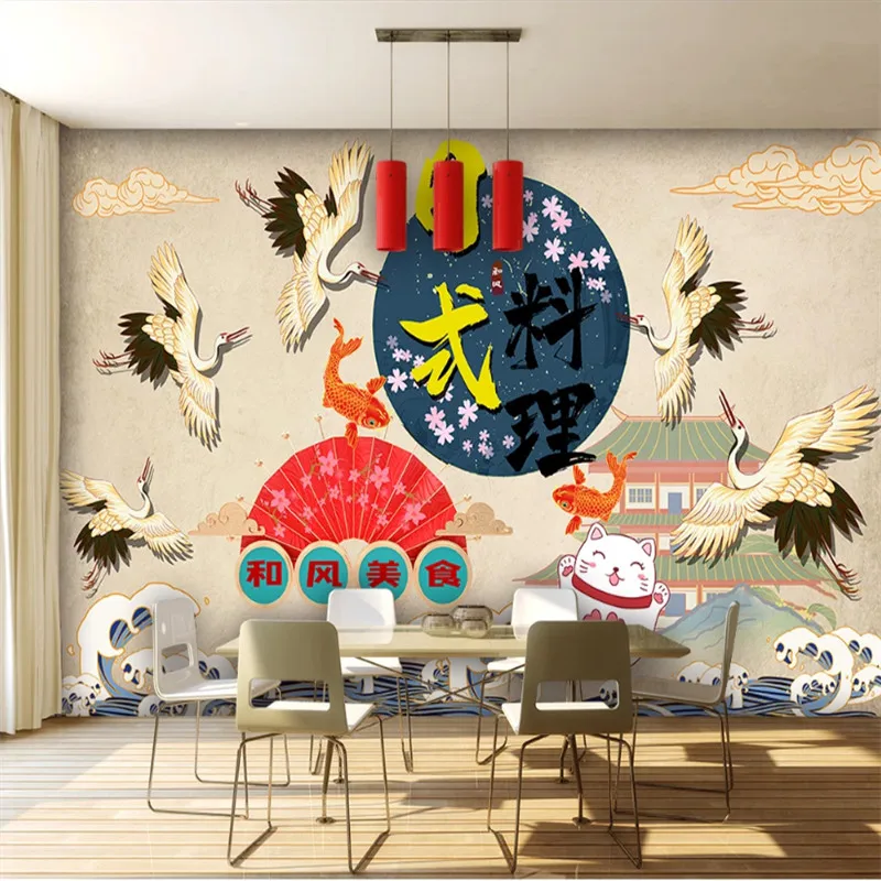 Custom Cranes Wall Paper 3D Japanese Cuisine Sushi Restaurant Ramen Snack Bar Industrial Decor Background Mural Wallpaper 3D