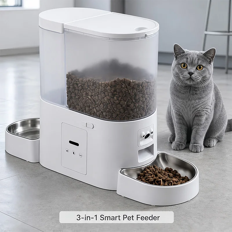 Smart 3-in-1 Pet Feeding Station with wifi/Camera and App Control, 5L Food 3.5L Water, Freeze-Dried Compatible Stainless Bowls