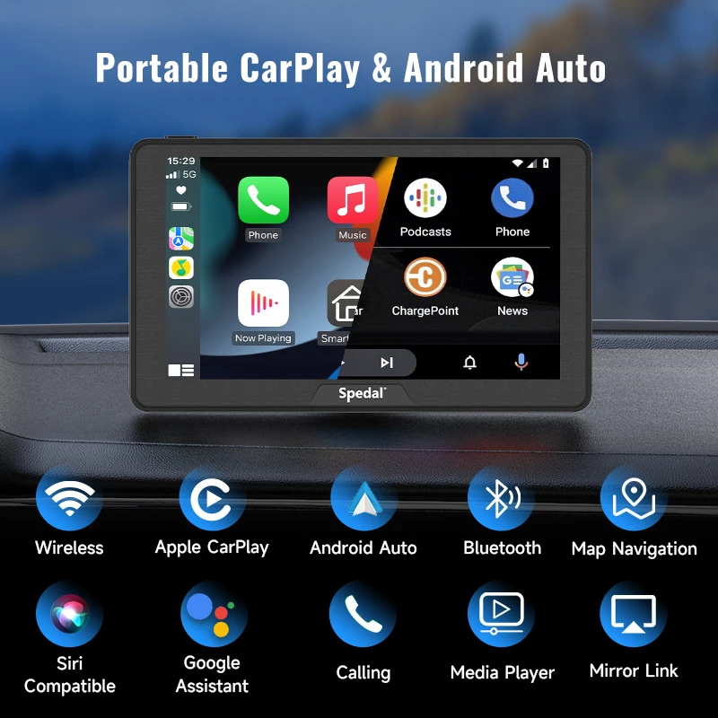 Spedal 786L 7inch Wireless Carplay Android Auto IPS Touch Screen Support Rear Camera Windshield Dashboard Monitor USB CarPlay