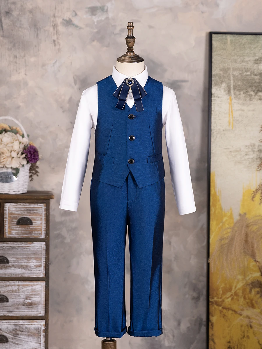 Children Shiny Blue Suit For Wedding Boys Formal Ceremony Tuxedo Dress Teenager Kids Photograph Blazer Party Performance Costume