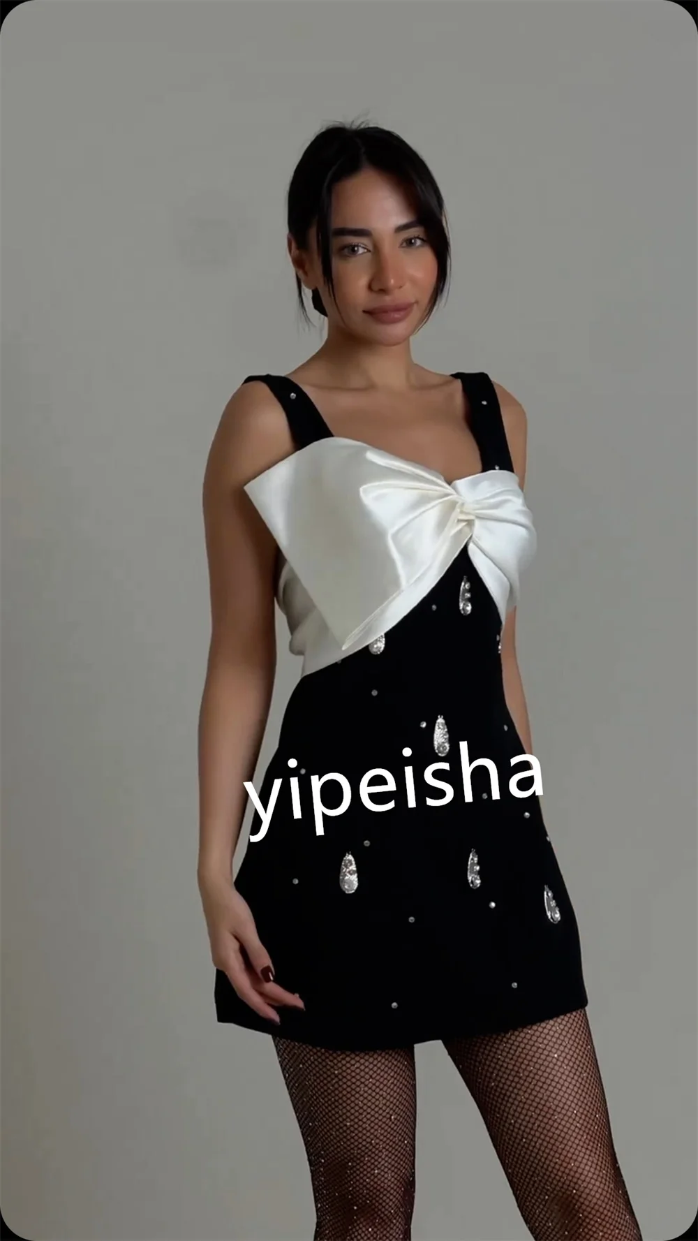 Customized Jersey Beading Bow Cocktail Party A-line Spaghetti Strap Bespoke Occasion Gown Knee Length Dresses