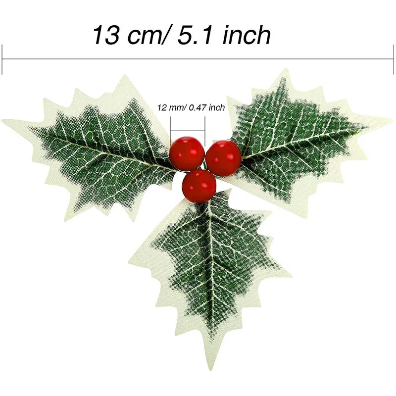 50/5Pcs Christmas Holly Leaves Artificial Red Berries Flower DIY Christmas Wreath Ornaments For Home Xmas New Year Decorations