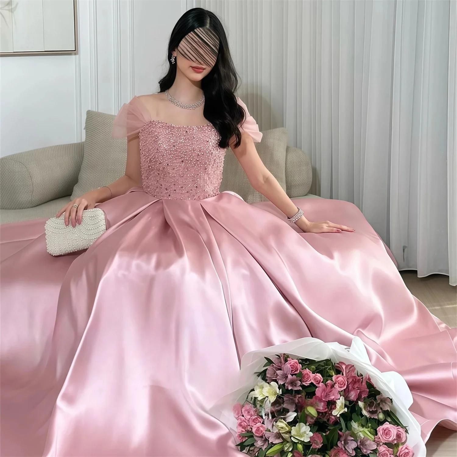 

Pink Cap Sleeves Pearls Bespoke Occasion Gown Evening Dresses Prom Pastrol Unisex Jersey Retro Dubai Saudi Arabic Customized