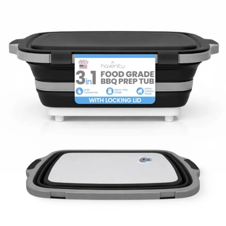 

BBQ Prep Tub 16L - Multifunctional Collapsible Camping Cutting Board with Upgraded Locking lid Meat Storage Container for Meal