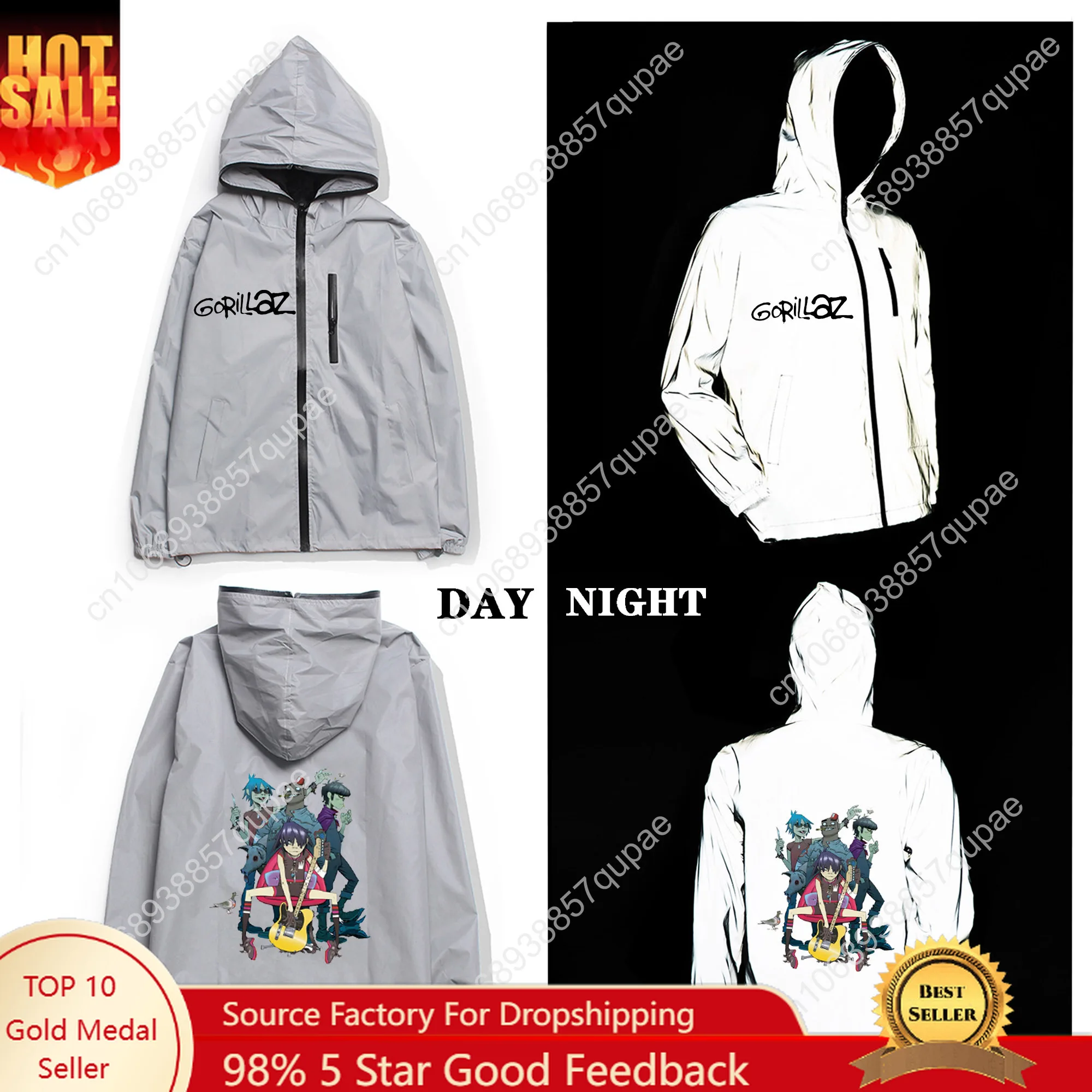 

Gorillaz Rock Band ChakaKhan Reflective Jacket Mens Womens Coat Hooded Windbreaker Runing Pocket Jackets Customized Hoodie