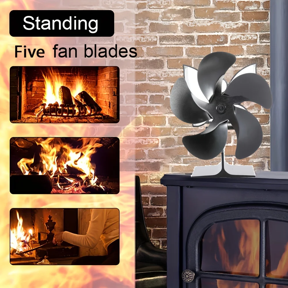 50-350℃ 5-Blade Wood Stove Fan Thermometer Non-Electric Heat-Powered Heat Distribution Ideal for Log Burners Fireplaces Set