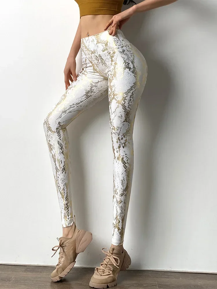 Women's Snake Print Yoga Pants High-waisted Elastic Sports Leggings Gold Hip Slim-fit Casual Leggings